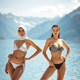 Two white-skinned women, one a 35-year-old Arab Muslim with a chesty physique and the other with a slim hourglass body