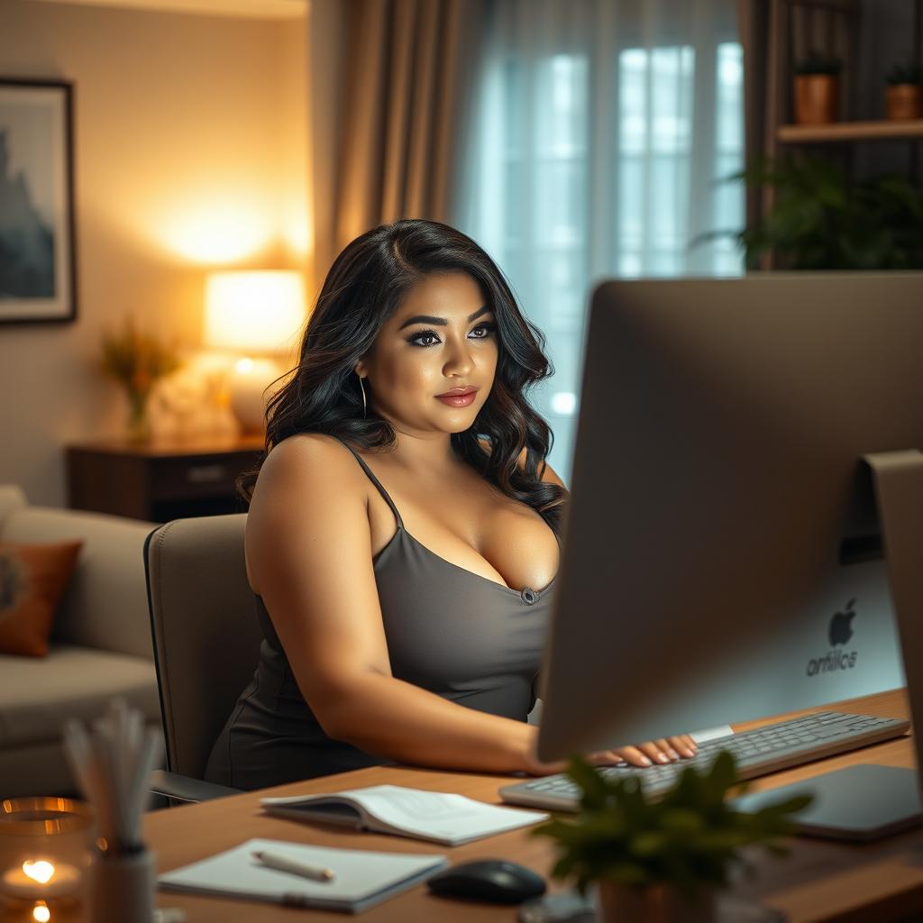 a voluptuous woman with a confident expression, sitting at a desk and intently watching a computer screen, surrounded by a comfortable, modern room ambiance