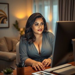 a voluptuous woman with a confident expression, sitting at a desk and intently watching a computer screen, surrounded by a comfortable, modern room ambiance