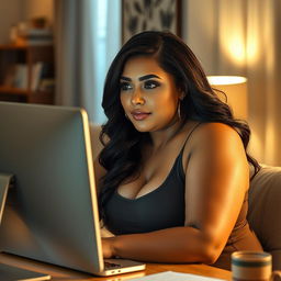 a voluptuous woman with a confident expression, sitting at a desk and intently watching a computer screen, surrounded by a comfortable, modern room ambiance