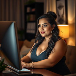 a voluptuous woman with a confident expression, sitting at a desk and intently watching a computer screen, surrounded by a comfortable, modern room ambiance