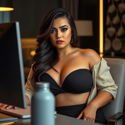 a voluptuous woman with an intense focus, sitting at her desk, watching content on her computer screen, her hand gently placed on her chest