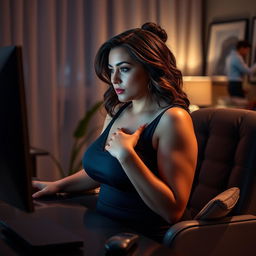 a voluptuous woman with an intense focus, sitting at her desk, watching content on her computer screen, her hand gently placed on her chest