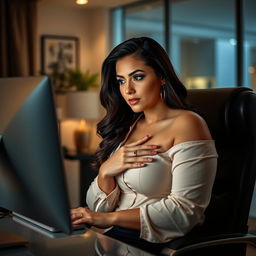 a voluptuous woman with an intense focus, sitting at her desk, watching content on her computer screen, her hand gently placed on her chest