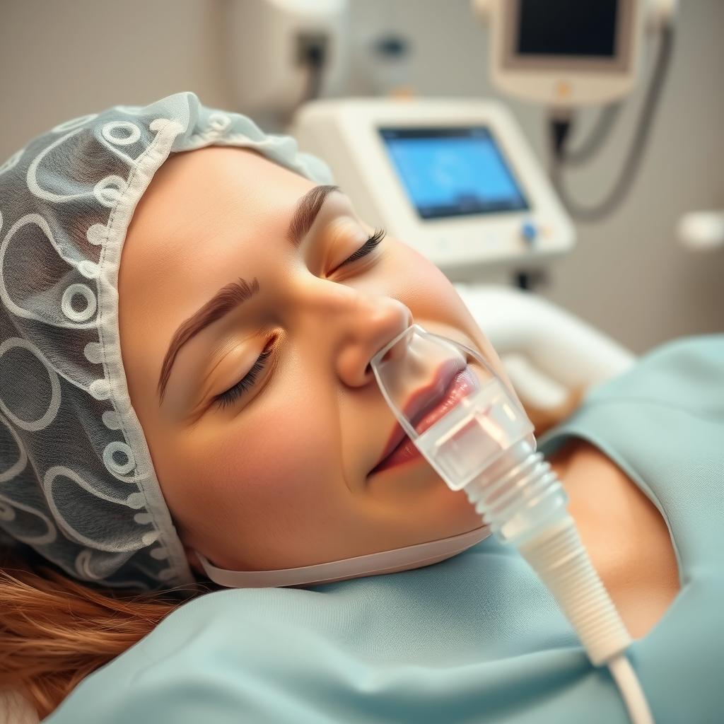 A woman under anesthesia with an oxygen mask gently placed over her mouth, resting peacefully