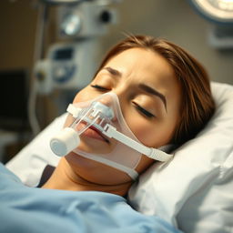 A woman under anesthesia with an oxygen mask gently placed over her mouth, resting peacefully