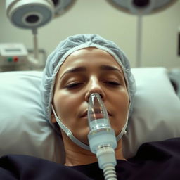 A woman under anesthesia with an oxygen mask gently placed over her mouth, resting peacefully