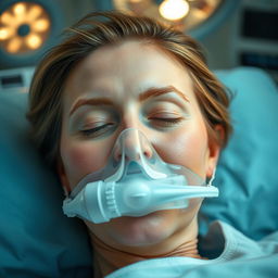 A woman under anesthesia with an oxygen mask gently placed over her mouth, resting peacefully