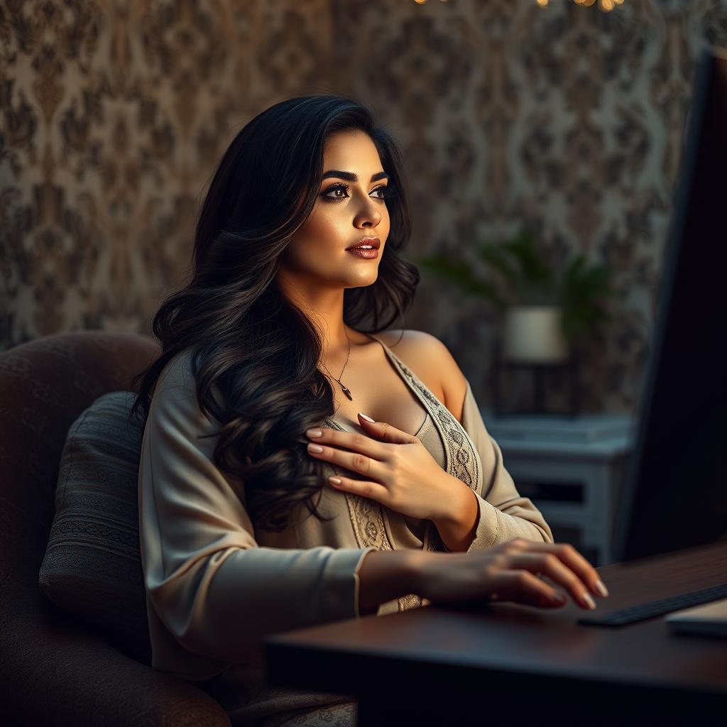 a curvaceous Arab woman with luxurious long hair, sitting comfortably at her desk, engrossed in watching something on her computer screen, her hand gently resting on her chest