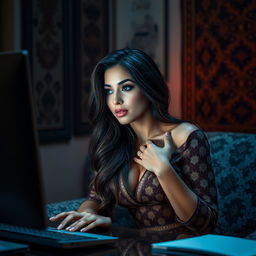 a curvaceous Arab woman with luxurious long hair, sitting comfortably at her desk, engrossed in watching something on her computer screen, her hand gently resting on her chest