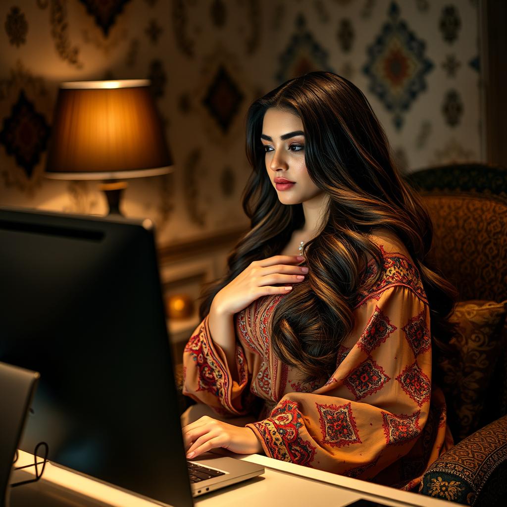 a curvaceous Arab woman with luxurious long hair, sitting comfortably at her desk, engrossed in watching something on her computer screen, her hand gently resting on her chest