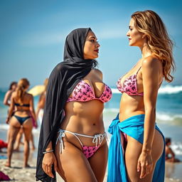 A romantic scene at the beach featuring two women