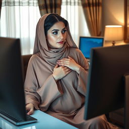 a voluptuous woman wearing an elegant abaya, seated at her desk with a focused look as she watches something on her computer screen, her hand resting gently on her chest