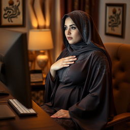 a voluptuous woman wearing an elegant abaya, seated at her desk with a focused look as she watches something on her computer screen, her hand resting gently on her chest