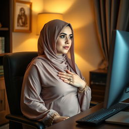 a voluptuous woman wearing an elegant abaya, seated at her desk with a focused look as she watches something on her computer screen, her hand resting gently on her chest