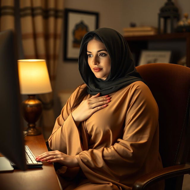 a voluptuous woman wearing an elegant abaya, seated at her desk with a focused look as she watches something on her computer screen, her hand resting gently on her chest