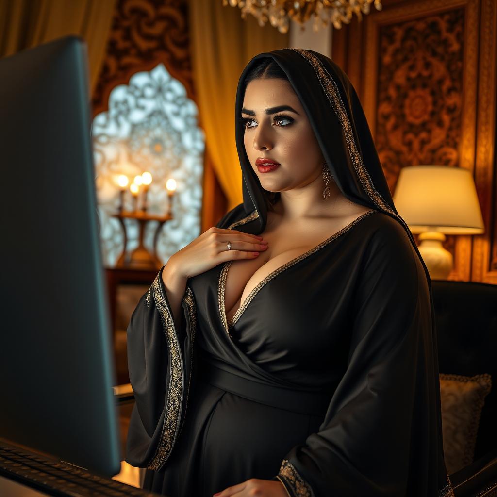 a voluptuous woman wearing a luxurious abaya, exuding a sense of allure and curiosity while viewing something on her computer screen