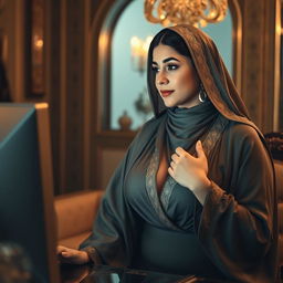 a voluptuous woman wearing a luxurious abaya, exuding a sense of allure and curiosity while viewing something on her computer screen