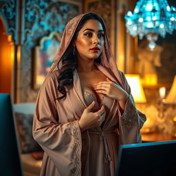 a voluptuous woman wearing a luxurious abaya, exuding a sense of allure and curiosity while viewing something on her computer screen