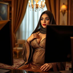 a voluptuous woman wearing a luxurious abaya, exuding a sense of allure and curiosity while viewing something on her computer screen