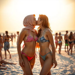 A romantic beach scene featuring two women