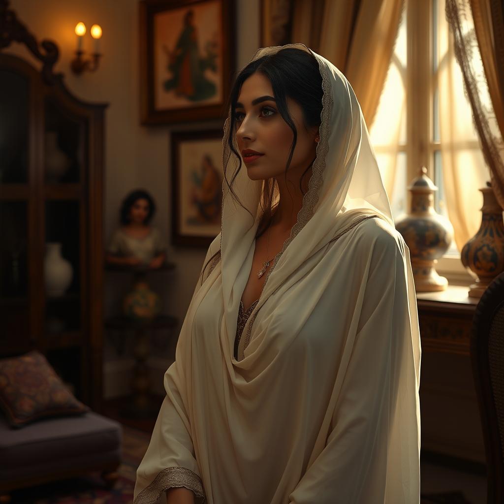 a sensual and tastefully depicted scene of a woman in an elegant abaya exuding a serene and introspective aura, surrounded by the warm, inviting ambiance of a room filled with traditional Middle Eastern decor