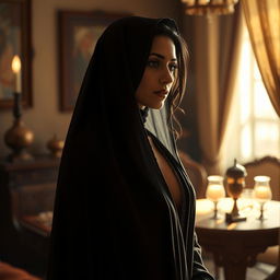 a sensual and tastefully depicted scene of a woman in an elegant abaya exuding a serene and introspective aura, surrounded by the warm, inviting ambiance of a room filled with traditional Middle Eastern decor