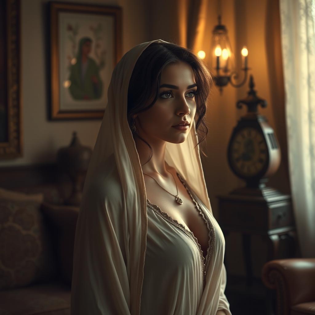 a sensual and tastefully depicted scene of a woman in an elegant abaya exuding a serene and introspective aura, surrounded by the warm, inviting ambiance of a room filled with traditional Middle Eastern decor