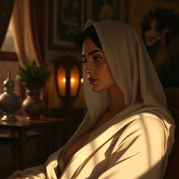 a sensual and tastefully depicted scene of a woman in an elegant abaya exuding a serene and introspective aura, surrounded by the warm, inviting ambiance of a room filled with traditional Middle Eastern decor