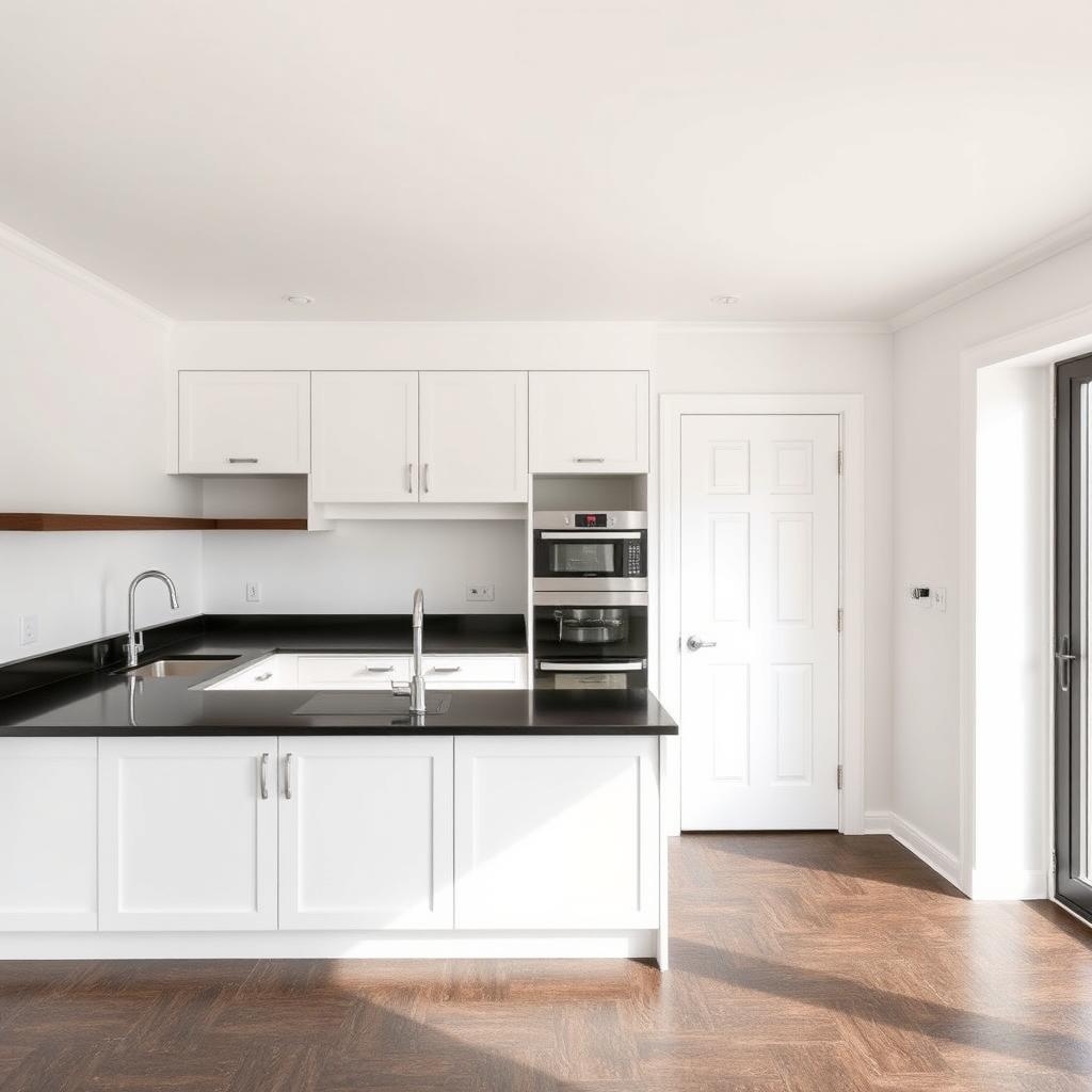 A kitchen featuring a perfectly leveled matte white ceiling, accompanied by matte white walls