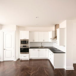 A kitchen featuring a perfectly leveled matte white ceiling, accompanied by matte white walls