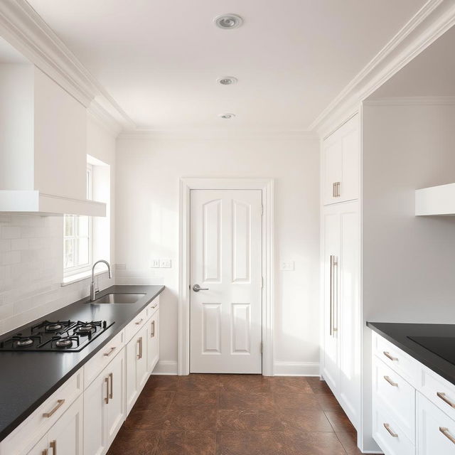 A kitchen featuring a perfectly leveled matte white ceiling, accompanied by matte white walls