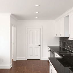 A kitchen featuring a perfectly leveled matte white ceiling, accompanied by matte white walls