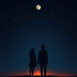 A dark night background filled with stars, featuring the moon at the top and the sunset at the bottom