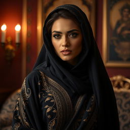 A woman dressed in an intricately designed abaya, encapsulating a sense of allure and mystery