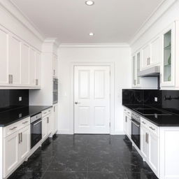 A kitchen with a matte white ceiling and matte white walls, showcasing a black ceramic granite tile floor