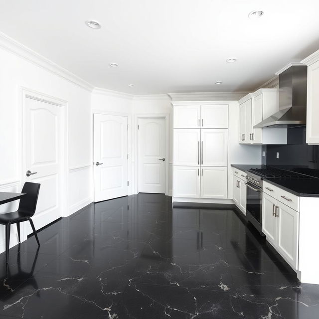 A kitchen with a matte white ceiling and matte white walls, showcasing a black ceramic granite tile floor