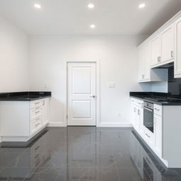 A kitchen with a matte white ceiling and matte white walls, showcasing a black ceramic granite tile floor