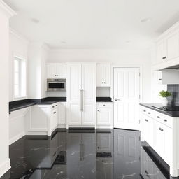 A kitchen with a matte white ceiling and matte white walls, showcasing a black ceramic granite tile floor