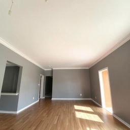 A living room with walls painted in light gray acrylic paint, featuring a matte white ceiling