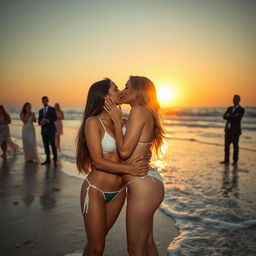 Two white-skinned women, a chesty 35-year-old Arab Muslim woman with an hourglass European body type, wearing a bikini swimsuit with long flowing hair, sharing a romantic moment on a beach