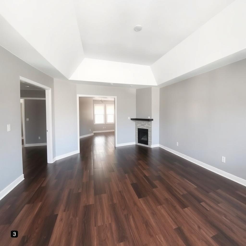 A living room with walls painted in light gray acrylic paint, featuring a matte white ceiling