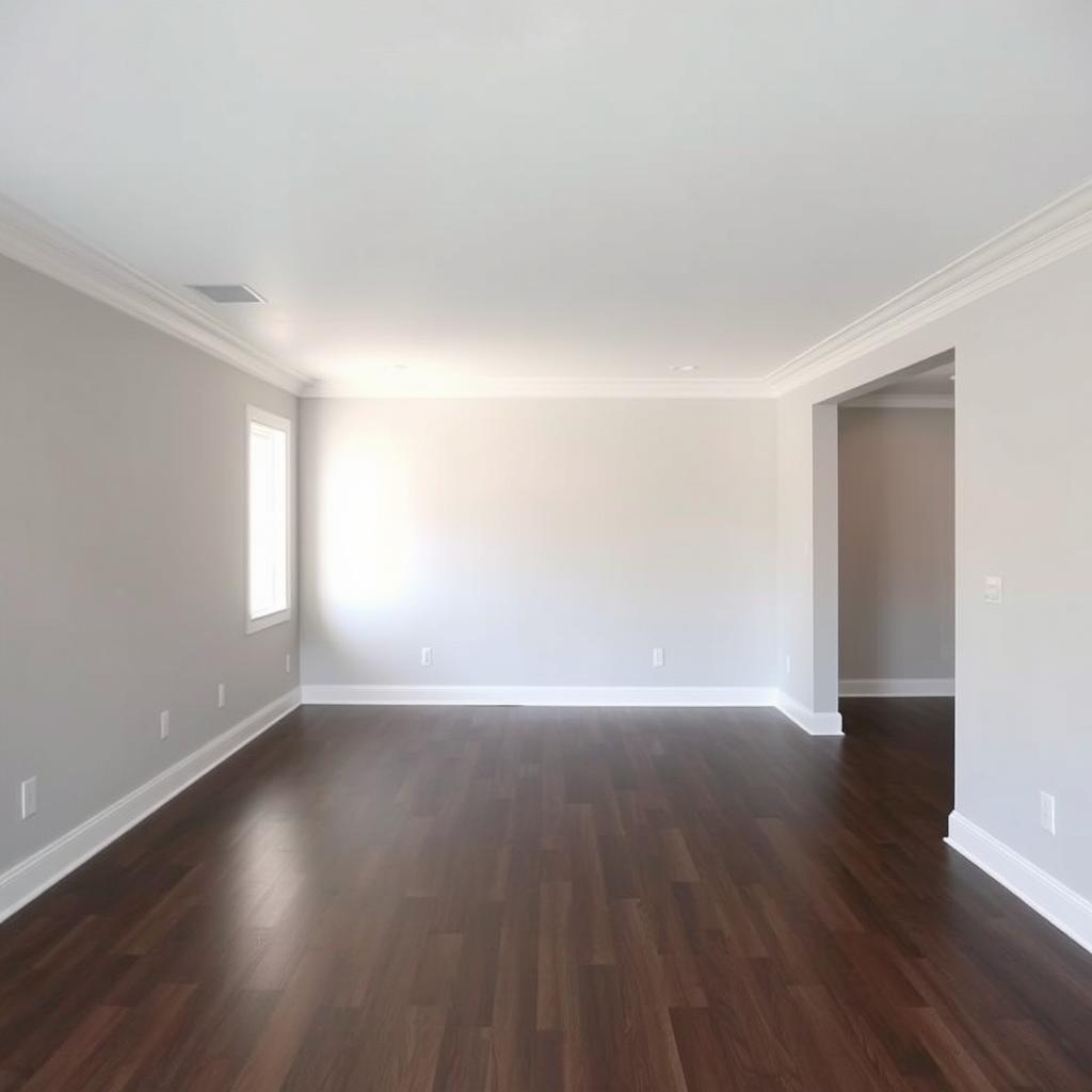 A living room with walls painted in light gray acrylic paint, featuring a matte white ceiling