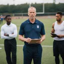 An inspiring coach, standing in the middle of a sports field, clipboard in hand. Their gaze is centered, giving motivational guidance to a diverse team of athletes preparing for the next big game.