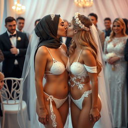 Two white-skinned women in a romantic scene: one is a chesty 35-year-old Arab Muslim woman with an hourglass figure and long hair, wearing a bikini and bridal elements