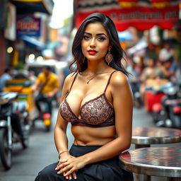 A beautiful Indian woman with an alluring expression, sitting confidently at a roadside table