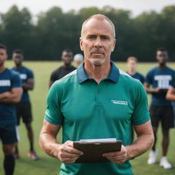 An inspiring coach, standing in the middle of a sports field, clipboard in hand. Their gaze is centered, giving motivational guidance to a diverse team of athletes preparing for the next big game.