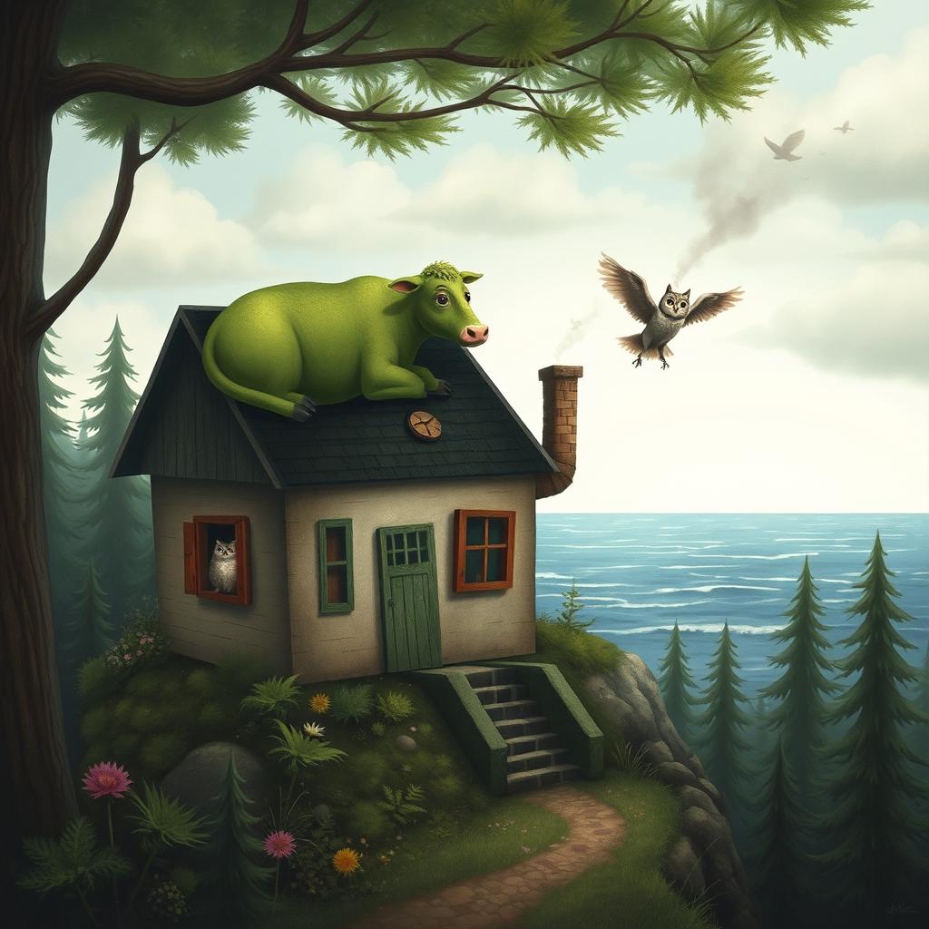 A whimsical scene depicting a house in the forest on the edge of the sea