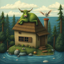 A whimsical scene depicting a house in the forest on the edge of the sea