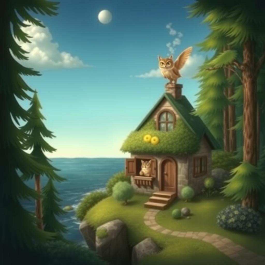 A whimsical scene depicting a house in the forest on the edge of the sea